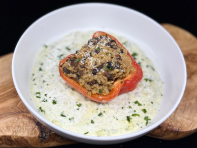 Herb & Wild Mushroom Risotto Stuffed Red Bell Peppers