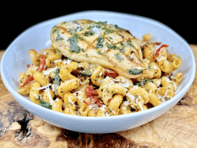 Grilled Herb Chicken and Roasted Red Pepper Pesto Pasta